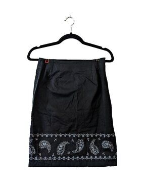 Petite Black Embroidered Paisley Patterned Midi Skirt Size 8 (Early 2000s)